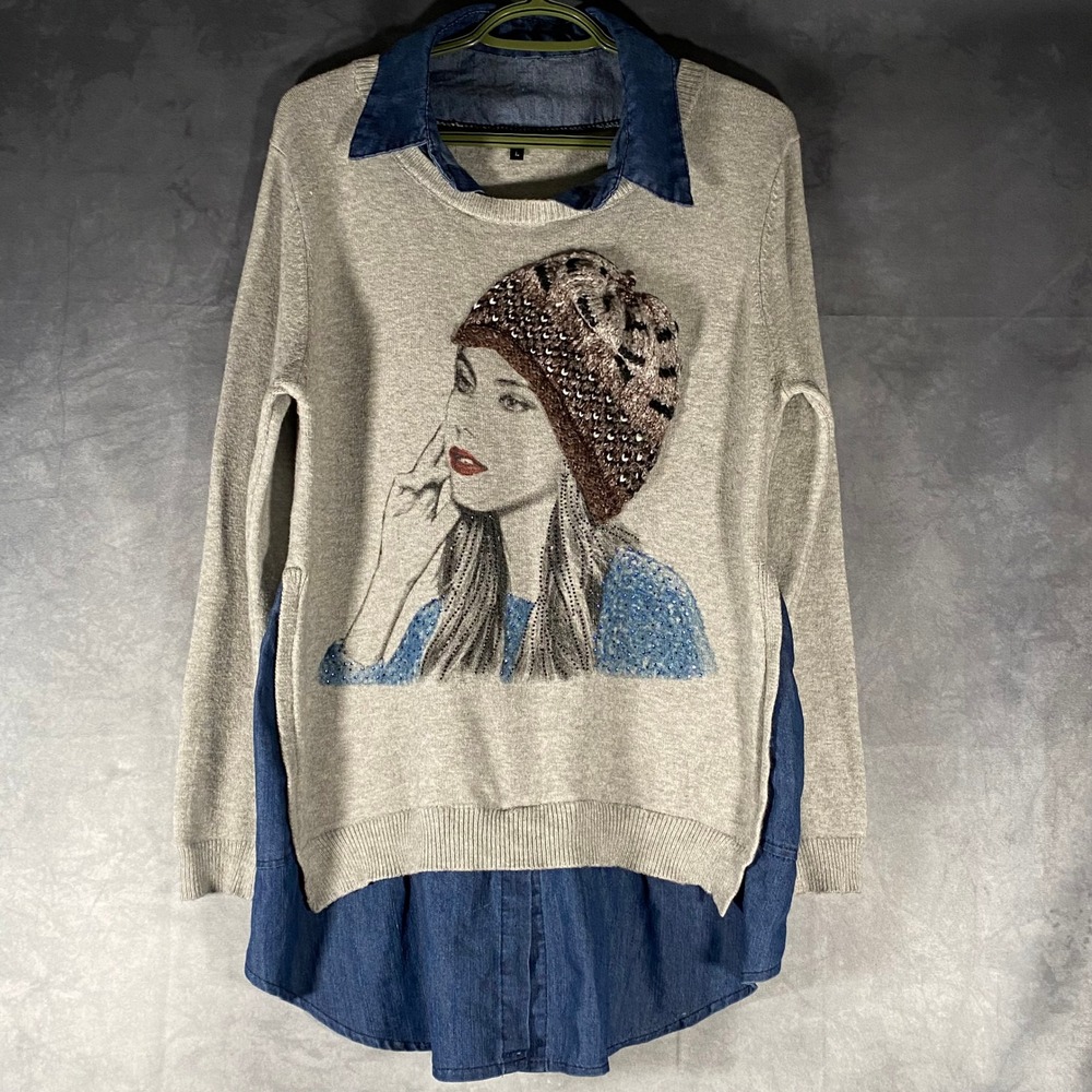 Ness Womens Gray Mixed Media Sweater Denim Layered Look Graphic Sequin Beanie L